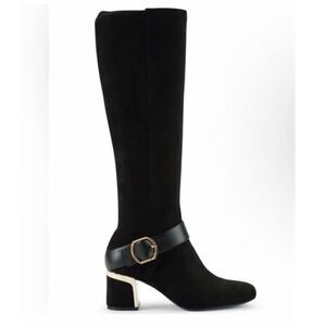DKNY Caira Black Gold Vegan Suede Knee High Boot Buckle Chunky Heel Size 6 New‎